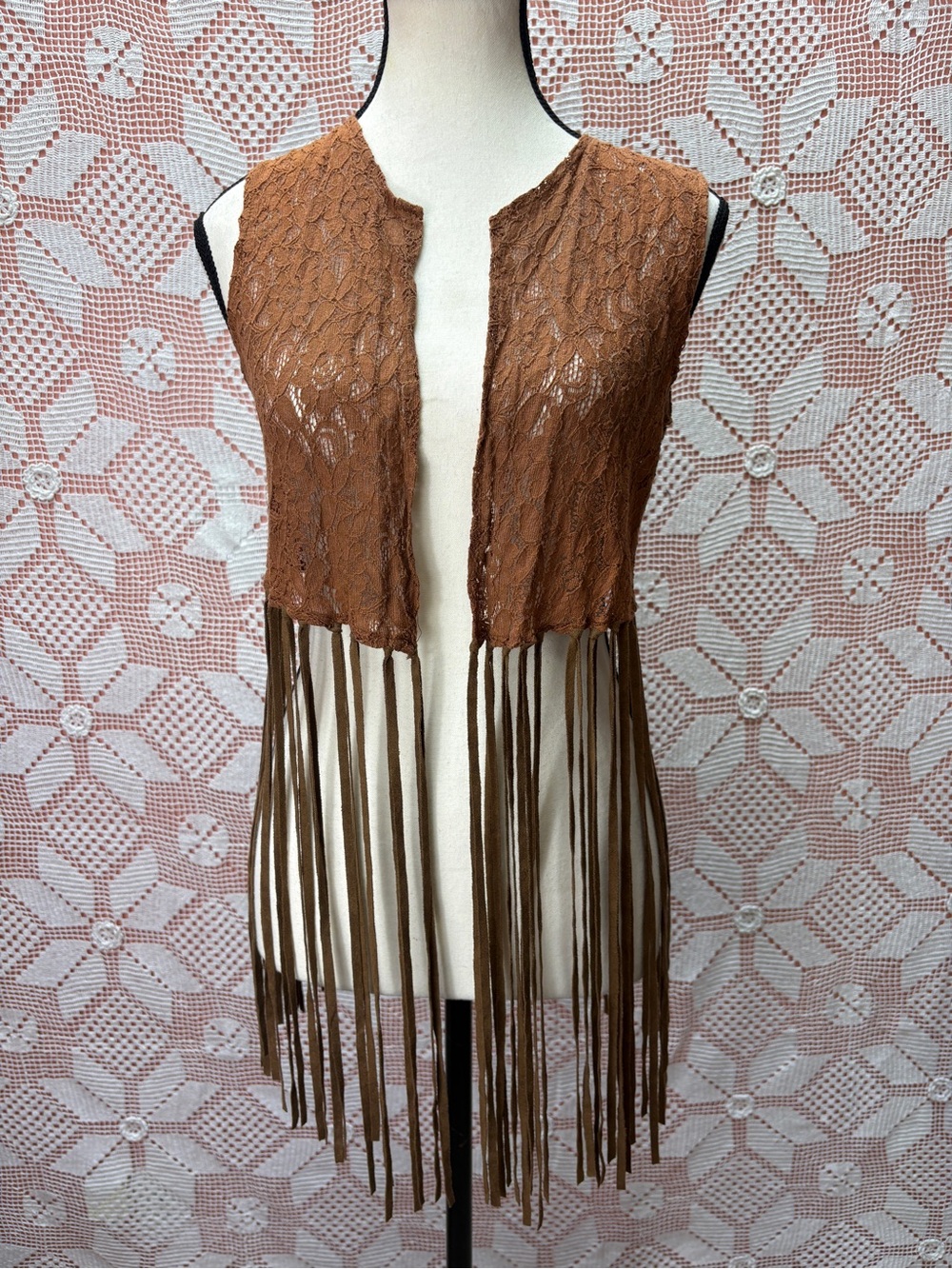 Surell Brown Lace Fringe Vest Sz Sm